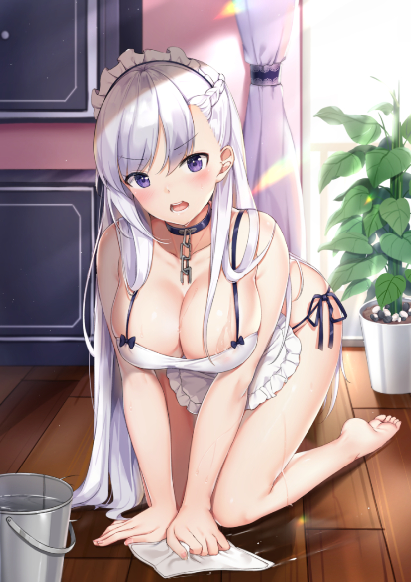 all_fours apron azur_lane barefoot belfast_(azur_lane) black_panties blush breasts bucket choker cleaning cleavage collarbone feet kneeling large_breasts light_rays long_hair looking_at_viewer mamemena naked_apron open_mouth panties plant potted_plant purple_eyes soles solo sunbeam sunlight toes underwear v-shaped_eyebrows very_long_hair wet white_hair wooden_floor