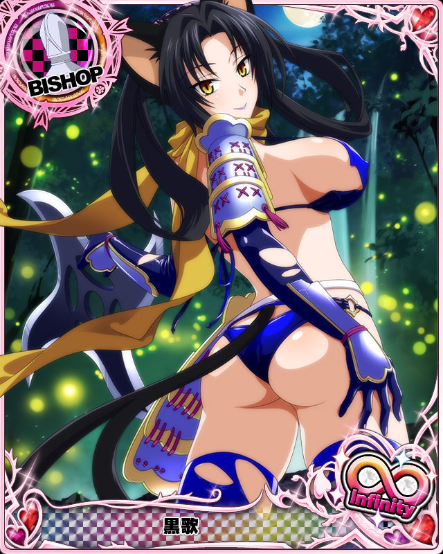animal_ears ass bikini bishop_(chess) black_hair blue_bikini blue_legwear breasts card_(medium) cat_ears cat_tail character_name chess_piece covered_nipples gloves hair_rings hairband high_school_dxd high_school_dxd_born high_school_dxd_infinity kuroka_(high_school_dxd) large_breasts lipstick long_hair looking_at_viewer makeup moon multiple_tails ninja official_art purple_lipstick scarf shuriken slit_pupils smile solo swimsuit tail thighhighs torn_clothes trading_card yellow_eyes yellow_scarf