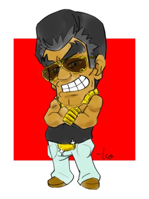 belt_buckle black_hair border buckle chibi commentary crossed_arms dark_skin dark_skinned_male denim english_commentary filipino full_body gold_necklace green_eyes grin jeans jewelry necklace outside_border pants red_background signature simple_background smile sunglasses takeuchi_kou tank_top the_nutshack tito_dick white_border