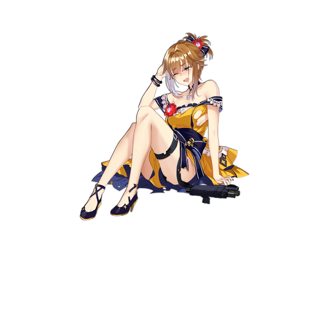 alternate_hairstyle bracelet breasts brown_hair choker dress earrings formal full_body girls_frontline grizzly_mkv_(girls_frontline) gun handgun holster jewelry looking_at_viewer off-shoulder_dress off_shoulder official_art purple_eyes realmbw sideboob thigh_holster torn_clothes transparent_background weapon