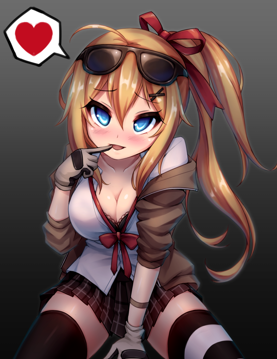 blonde_hair blue_eyes blush breasts brown_hair cleavage eyewear_on_head girls_frontline gloves hair_between_eyes hair_ornament hair_ribbon heart kalina_(girls_frontline) large_breasts long_hair looking_at_viewer mismatched_legwear open_mouth pleated_skirt ribbon shokuane side_ponytail skirt smile solo spoken_heart sunglasses thighhighs