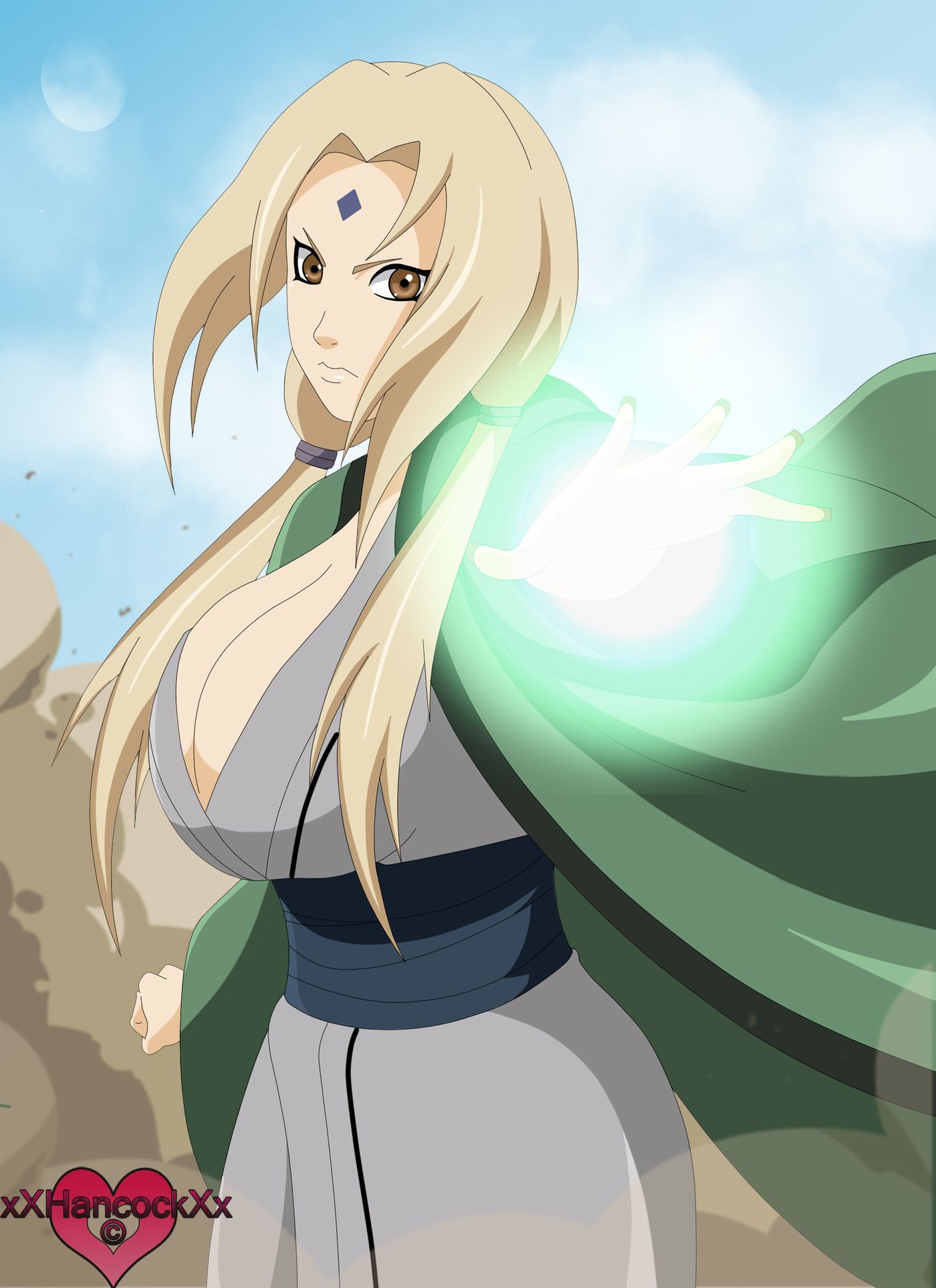 1girl blonde_hair blush breasts brown_eyes cleavage clothed female forehead forehead_mark hair_tie huge_breasts large_breasts long_hair looking_at_viewer naruto tsunade