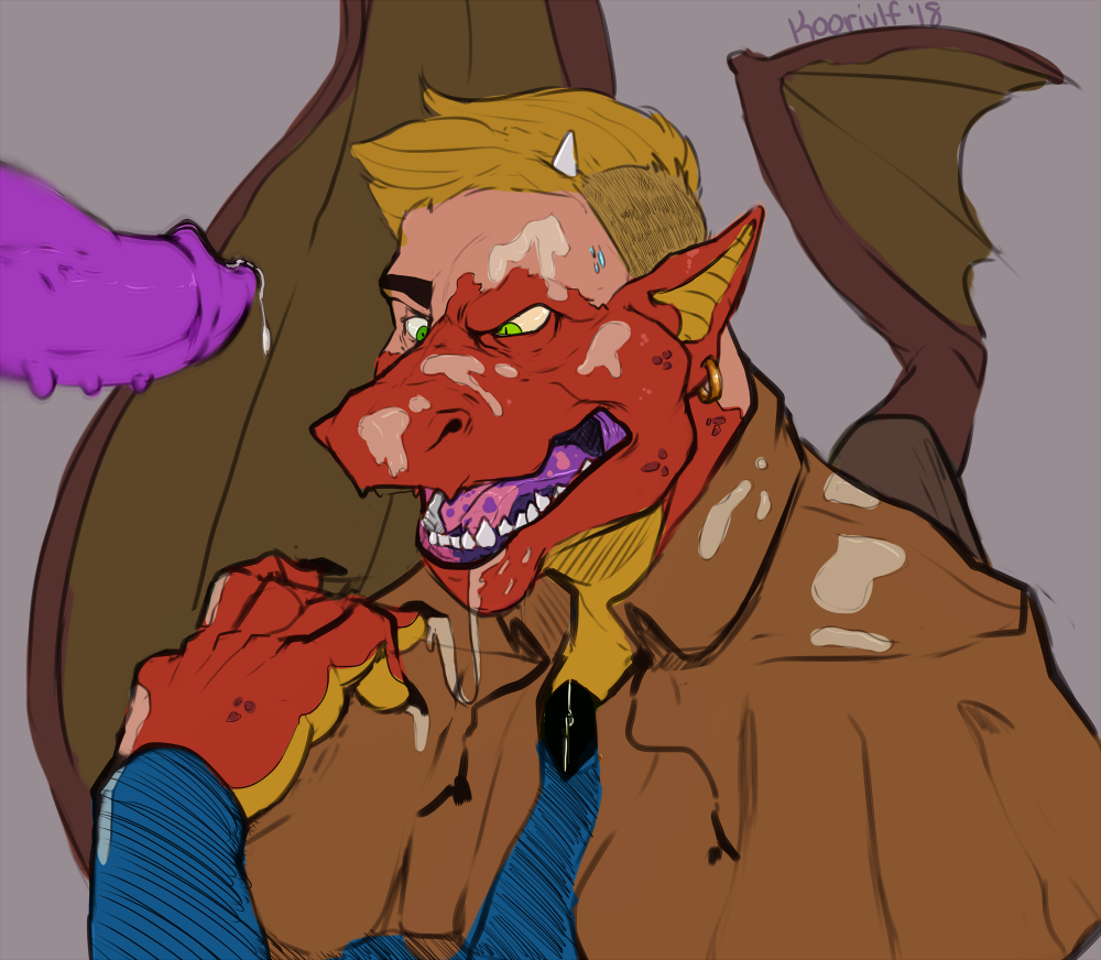 2018 anthro clothed clothing cum cum_drip cum_on_face cum_on_muzzle digital_drawing_(artwork) digital_media_(artwork) dragon dripping duo ear_piercing erection horn human human_to_anthro koorivlf male male/male mammal nubbed_penis open_mouth penis piercing red_scales scales scalie sex simple_background solo_focus story story_in_description teeth tongue transformation unusual_penis unwanted_cumshot wings