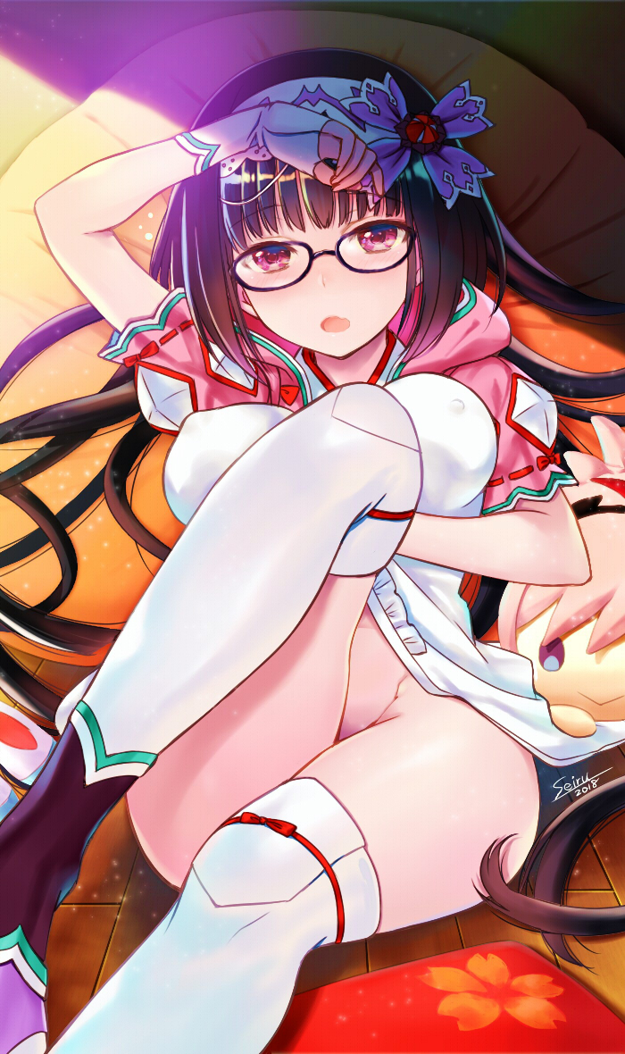 :o arm_warmers black-framed_eyewear black_hair blush bottomless breasts cloak covered_nipples fate/grand_order fate_(series) glasses hair_ribbon hairband hijiri_ruka hood hood_down hooded_cloak large_breasts long_hair low_twintails lying on_floor osakabe-hime_(fate/grand_order) pillow purple_eyes ribbon solo thighhighs twintails very_long_hair