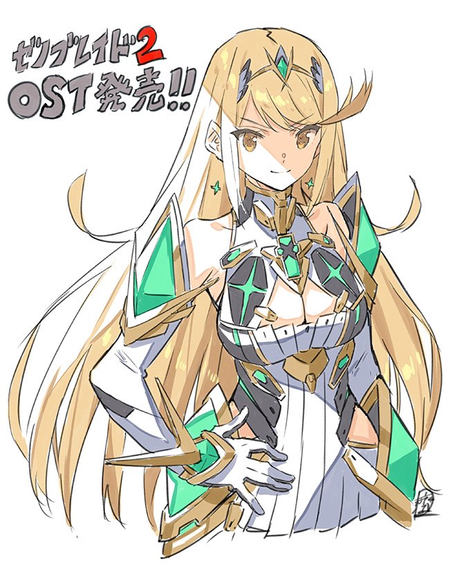 &gt;:) armor bare_shoulders blonde_hair blush breasts cleavage commentary dress gloves hikari_(xenoblade_2) large_breasts long_hair looking_at_viewer official_art release_date saitou_masatsugu smile solo translated v-shaped_eyebrows xenoblade_(series) xenoblade_2 yellow_eyes