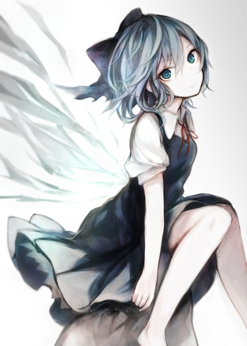 barefoot blue_bow blue_dress blue_eyes blue_hair bow cirno collared_shirt dress gradient gradient_background hair_between_eyes hair_bow hasunokaeru head_tilt ice ice_wings looking_at_viewer neck_ribbon puffy_short_sleeves puffy_sleeves red_ribbon ribbon shirt short_hair short_sleeves simple_background smile solo touhou wings