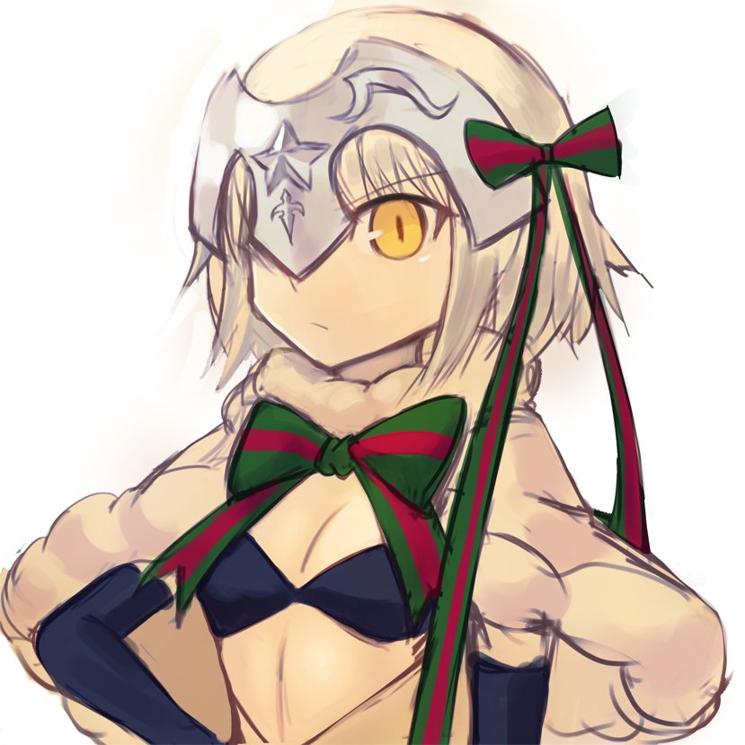 black_gloves blonde_hair bow elbow_gloves fate/grand_order fate_(series) gloves green_bow green_neckwear hand_on_hip headgear horizontal_stripes jeanne_d'arc_(fate)_(all) jeanne_d'arc_alter_santa_lily looking_at_viewer multicolored_neckwear red_bow red_neckwear short_hair simple_background solo sookmo striped white_background yellow_eyes