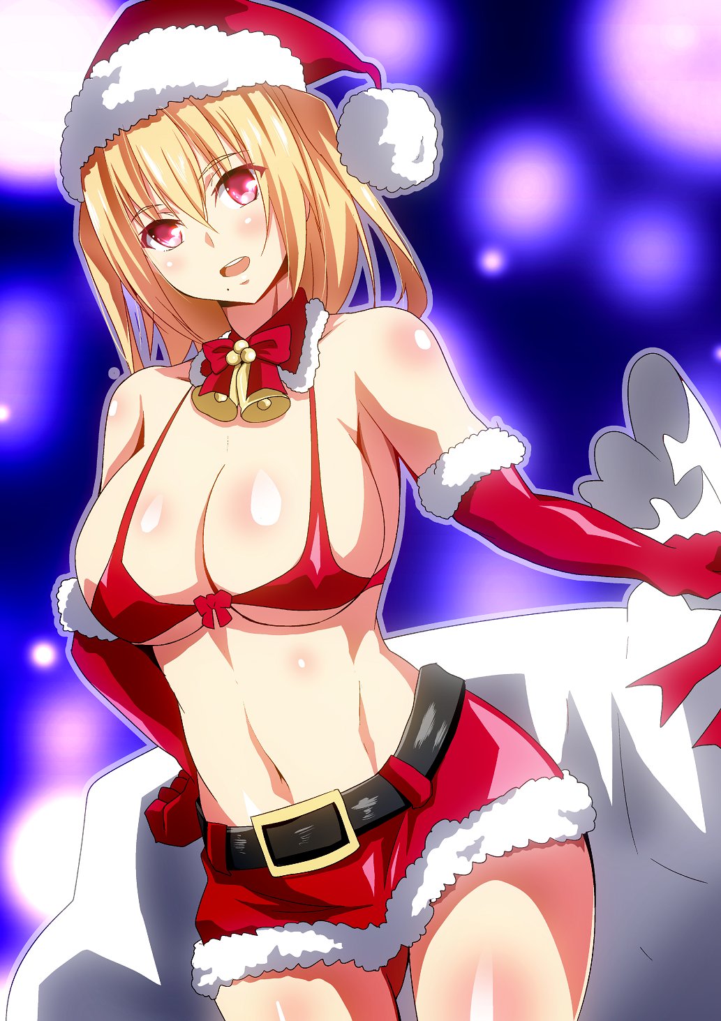 1girl bell bikini blonde_hair breasts christmas cleavage collarbone gloves gradient gradient_background hat hera_(hara0742) highres large_breasts looking_at_viewer medium_hair open_mouth original red_eyes revealing_clothes ribbon sack santa_costume santa_hat shiny shiny_hair shiny_skin smile solo swimsuit underboob
