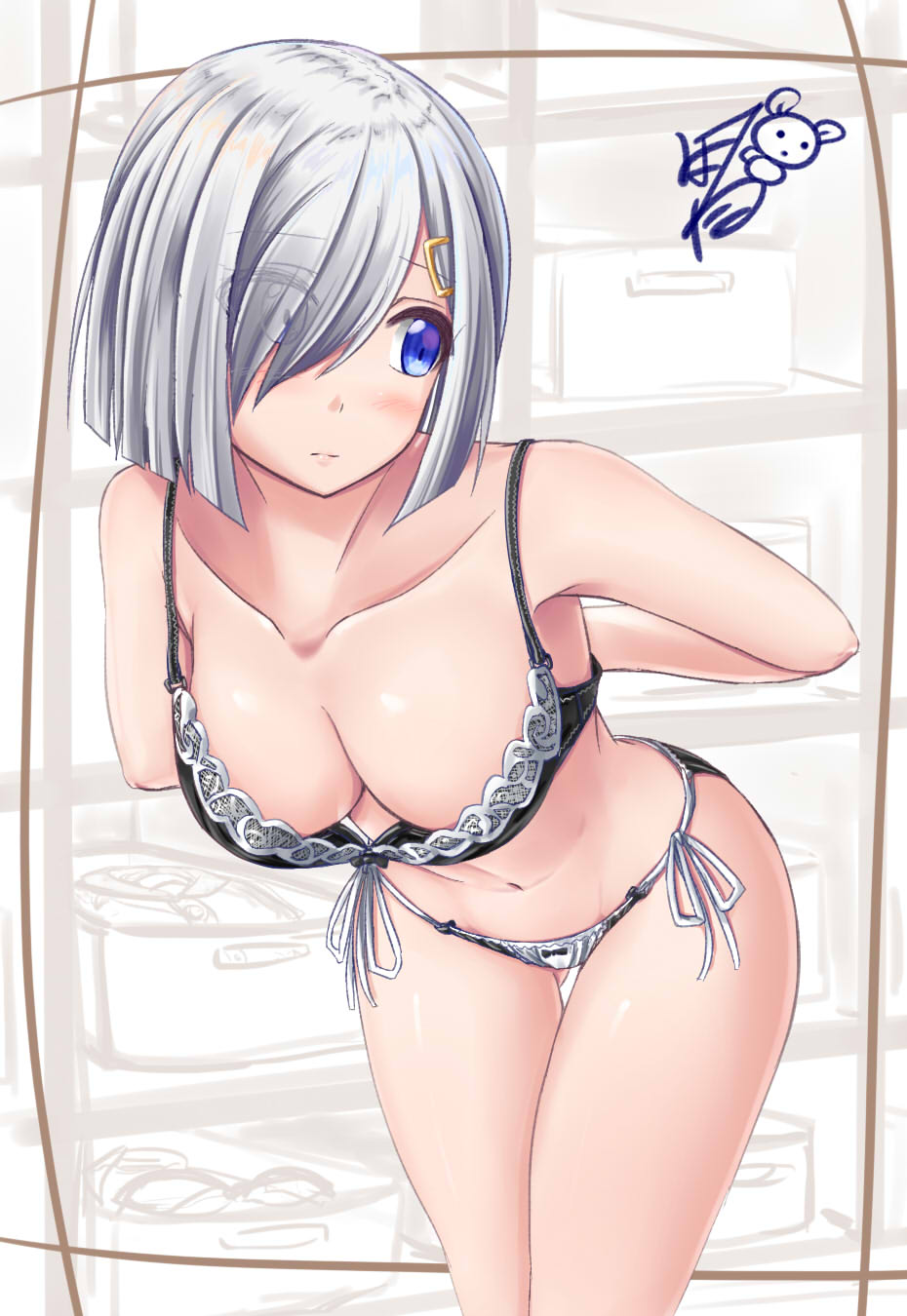 alternate_costume arms_behind_back ass_visible_through_thighs ayakase_hotaru bare_arms black_bra black_panties blue_eyes blush bra breasts closed_mouth collarbone commentary eyebrows_visible_through_hair eyes_visible_through_hair hair_ornament hair_over_one_eye hairclip hamakaze_(kantai_collection) highres kantai_collection leaning_forward looking_back medium_breasts navel panties short_hair side-tie_bottom side-tie_panties signature silver_hair solo standing thigh_gap underwear underwear_only unfinished_background