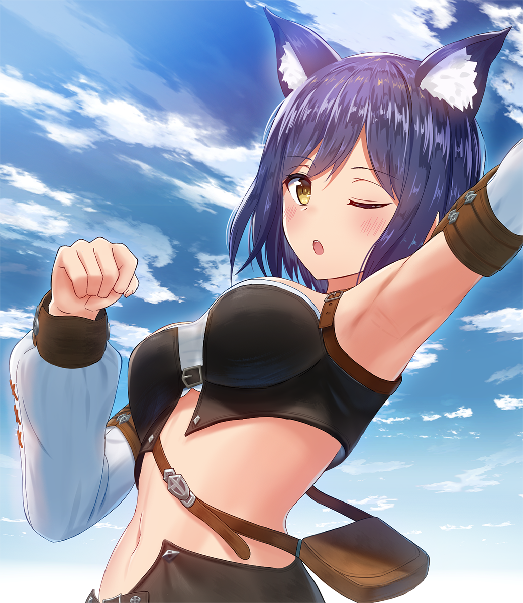 :o animal_ears arm_up armpits bag bangs blue_hair blue_sky blush breasts brown_eyes cat_ears cloud commentary cosplay crop_top day detached_sleeves eyebrows_visible_through_hair final_fantasy final_fantasy_xiv hair_between_eyes highres long_sleeves looking_at_viewer medium_breasts mikomiko_(mikomikosu) miqo'te miqo'te_(cosplay) navel nijisanji outdoors outstretched_arm parted_lips puffy_long_sleeves puffy_sleeves shizuka_rin short_hair shoulder_bag sky solo upper_teeth virtual_youtuber
