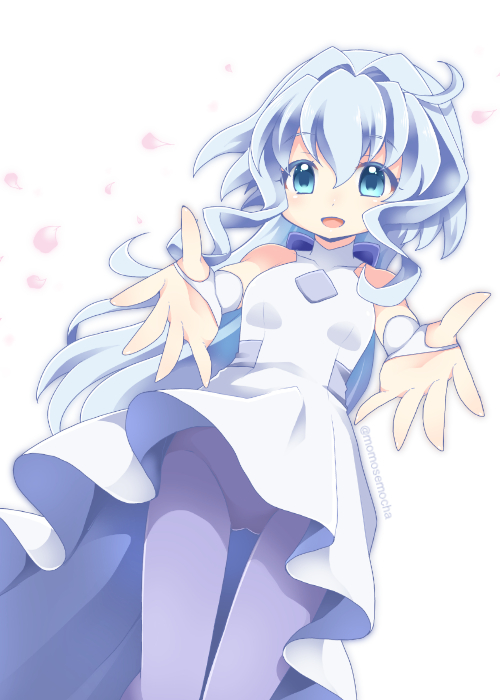 blue_eyes blue_hair cameltoe commentary_request dress grey_legwear gundam gundam_build_divers hair_intakes long_hair momosemocha open_mouth outstretched_arms outstretched_hand panties panties_under_pantyhose pantyhose sara_(gundam_build_divers) sleeveless sleeveless_dress smile solo sundress underwear upskirt white_dress wind wind_lift