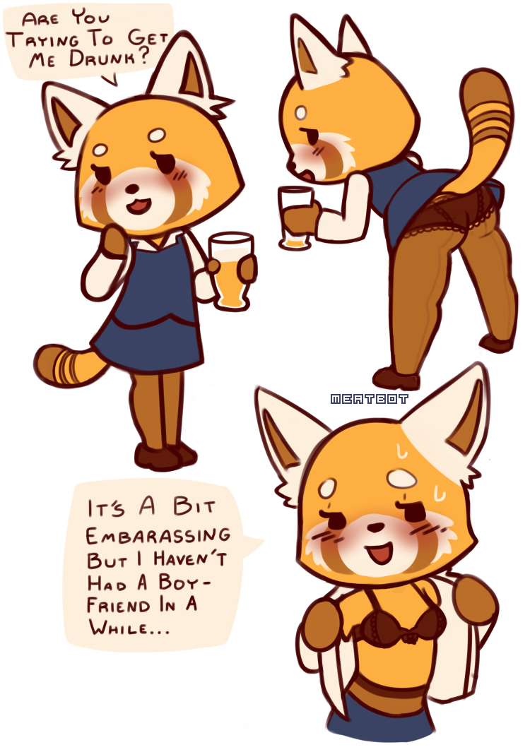 aggressive_retsuko alcohol beverage blush bra butt clothing dialogue female legwear mammal meatbot_(artist) panties pantyhose red_panda retsuko solo stockings text underwear undressing