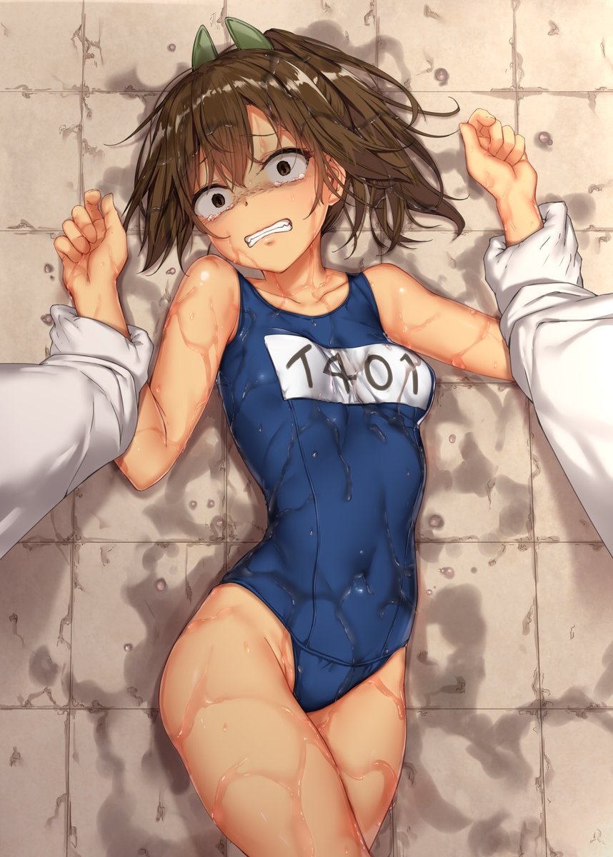 1boy 1girl admiral_(kantai_collection) arm_grab breasts brown_eyes brown_hair clenched_teeth constricted_pupils covered_navel crying crying_with_eyes_open empty_eyes gloves hair_ornament hairclip highres i-401_(kantai_collection) imminent_rape jaku_denpa kantai_collection looking_at_viewer lying military military_uniform naval_uniform old_school_swimsuit one-piece_swimsuit one-piece_tan out_of_frame ponytail pov scared school_swimsuit short_hair short_ponytail small_breasts solo_focus swimsuit swimsuit_under_clothes tan tanline tears teeth uniform wet wet_clothes wet_swimsuit white_gloves