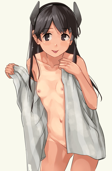 black_eyes black_hair breasts collarbone cowboy_shot eyebrows_visible_through_hair hair_ornament i-400_(kantai_collection) kantai_collection long_hair looking_at_viewer makio_(makiomeigenbot) naked_towel navel nipples one-piece_tan simple_background small_breasts solo tan tanline tongue tongue_out towel white_background