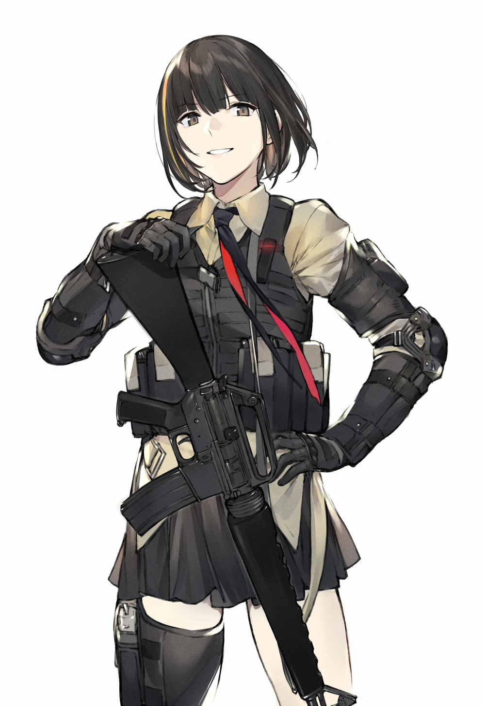 alternate_costume alternate_hair_length alternate_hairstyle armor assault_rifle beige_shirt black_hair black_legwear black_neckwear blonde_hair brown_eyes bulletproof_vest collared_shirt cowboy_shot duoyuanjun elbow_pads eyebrows_visible_through_hair girls_frontline gloves glowing gun highres holster load_bearing_vest m16a1 m16a1_(girls_frontline) multicolored_hair necktie parted_lips pleated_skirt rifle shirt short_hair single_thighhigh skirt smile solo tactical_clothes thigh_strap thighhighs thighs two-tone_hair uniform weapon white_background