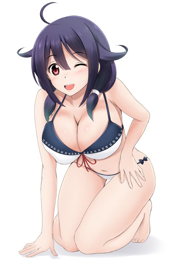 ahoge barefoot bikini breasts cleavage fuuma_nagi hair_flaps hair_over_shoulder kantai_collection kneeling large_breasts looking_at_viewer low_twintails one_eye_closed open_mouth purple_hair red_eyes simple_background smile solo swimsuit taigei_(kantai_collection) thigh_gap twintails white_background white_bikini