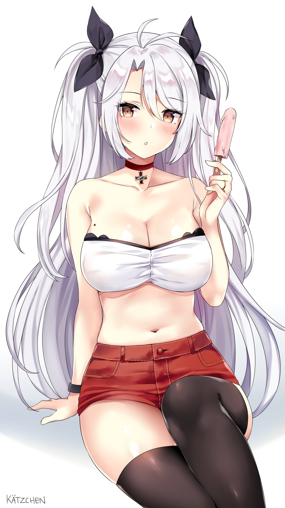 :o alternate_costume antenna_hair arm_support azur_lane bandeau bangs bare_shoulders black_choker black_ribbon blush breasts choker cleavage collarbone commentary_request crop_top cross_choker eyebrows_visible_through_hair food gloves hair_between_eyes hair_ribbon highres holding holding_food iron_cross jewelry kaetzchen large_breasts long_hair looking_at_viewer mole mole_on_breast multicolored_hair navel open_mouth prinz_eugen_(azur_lane) red_shorts ribbon ring short_shorts shorts sidelocks signature silver_hair sitting skindentation smile solo stomach swept_bangs thighhighs thighs two_side_up very_long_hair wedding_band wristband