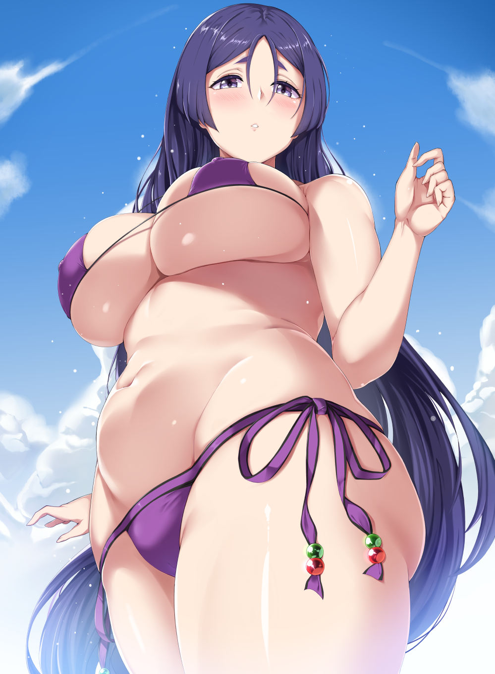 bangs bare_arms beads belly bikini blue_sky blush breasts cloud commentary_request covered_nipples curvy day eyepatch_bikini fate/grand_order fate_(series) from_below highres hips large_breasts legs_together long_hair looking_down minamoto_no_raikou_(fate/grand_order) minamoto_no_raikou_(swimsuit_lancer)_(fate) moisture_(chichi) navel outdoors parted_bangs parted_lips plump purple_bikini purple_eyes purple_hair shiny shiny_skin side-tie_bikini side-tie_bottom sky solo standing swimsuit thick_thighs thighs underboob very_long_hair wide_hips