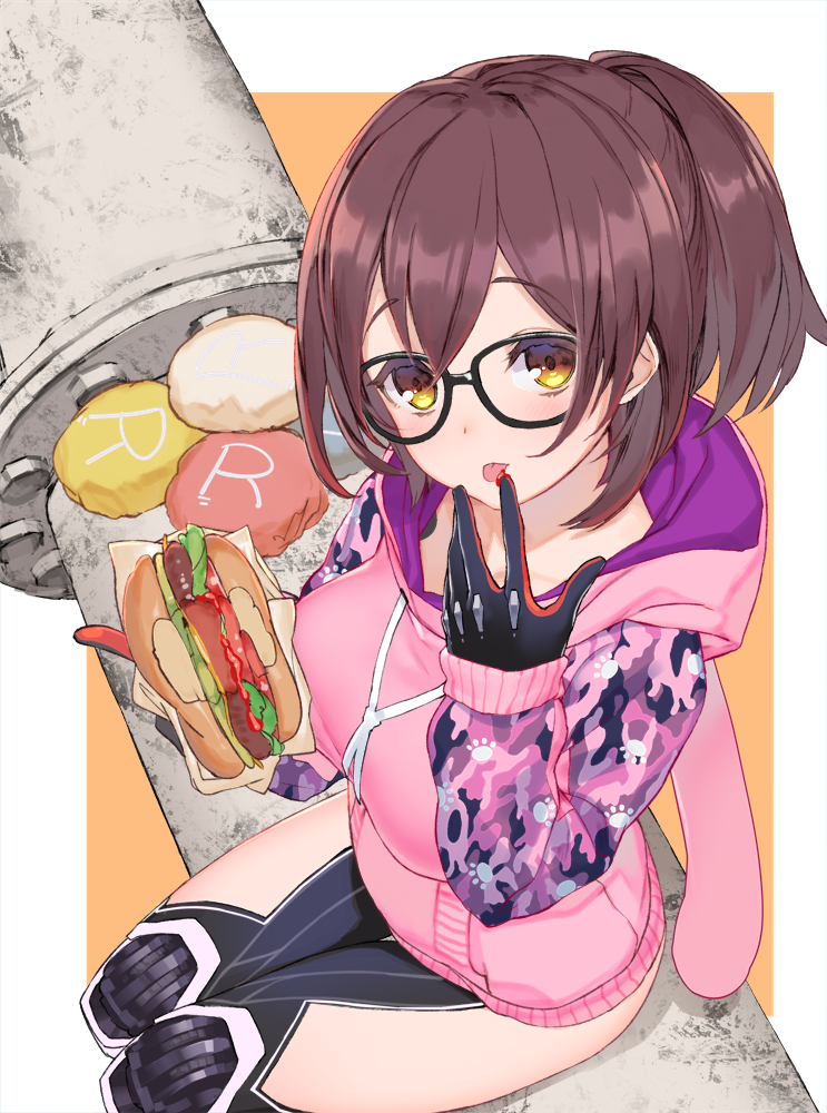 animal_hood bite_mark blush border breasts brown_hair bunny_hood camouflage camouflage_hoodie cheese commentary fast_food finger_licking food from_above glasses hamburger hands_up hood hood_down izumi_sai ketchup lettuce licking long_sleeves mechanical_arm mechanical_legs medium_breasts orange_background outside_border paw_print_pattern pink_hoodie roboco-san roboco_ch. robot_joints short_ponytail simple_background sitting solo telephone_pole thighs tomato virtual_youtuber white_border wrapper yellow_eyes