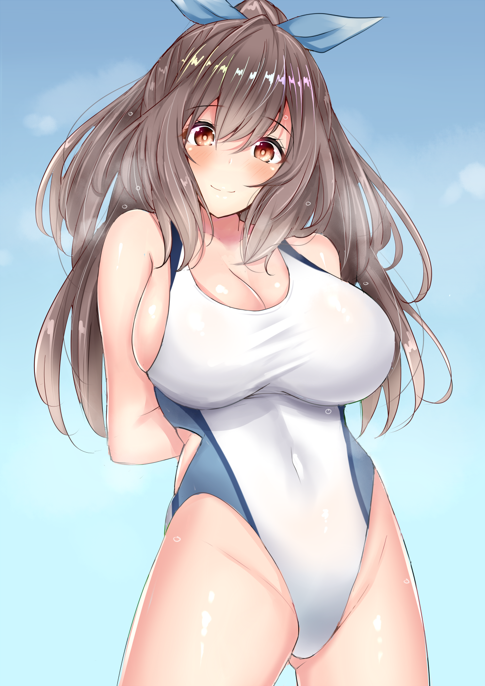 arms_behind_back bangs blush breasts brown_eyes brown_hair cleavage commentary_request covered_navel eyebrows_visible_through_hair hair_between_eyes highleg highleg_swimsuit highres hips idolmaster idolmaster_shiny_colors large_breasts long_hair looking_at_viewer one-piece_swimsuit ponytail ribbon sankakusui smile solo swimsuit thighs tsukioka_kogane white_swimsuit