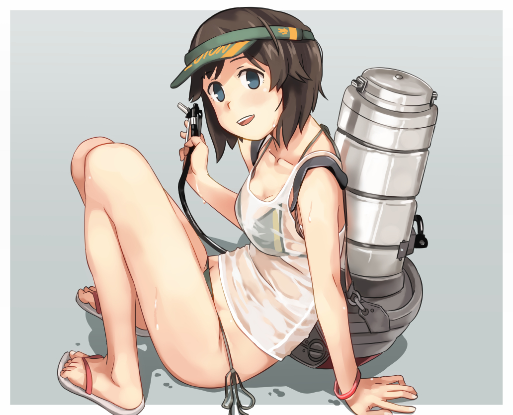arm_support bare_legs bikini bikini_under_clothes blue_eyes breasts brown_hair cleavage collarbone crop_top flip-flops from_side hayasui_(kantai_collection) kantai_collection looking_at_viewer makio_(makiomeigenbot) medium_breasts no_pants open_mouth rigging sandals see-through shirt short_hair side-tie_bikini simple_background sitting smile solo strap_gap swimsuit visor_cap wet wet_clothes wet_shirt wristband