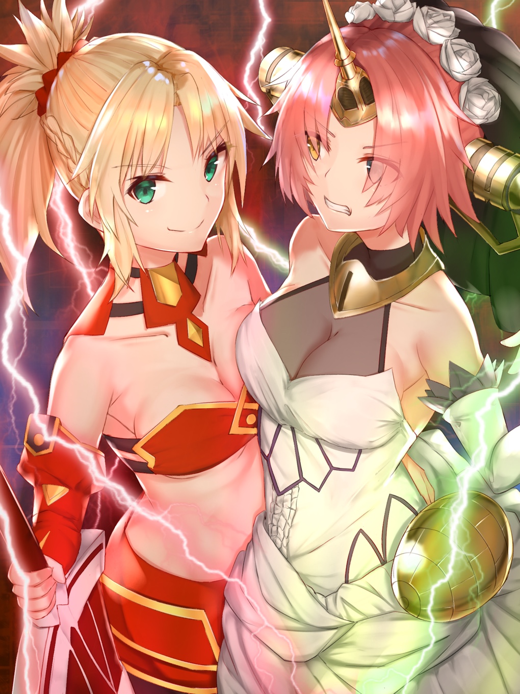 asymmetrical_docking blonde_hair blue_eyes breast_press breasts bridal_veil choker cleavage clenched_teeth collarbone dress elbow_gloves electricity eyebrows_visible_through_hair eyes_visible_through_hair fate/apocrypha fate_(series) flower frankenstein's_monster_(fate) gloves green_eyes hair_flower hair_ornament hair_over_one_eye hair_scrunchie hand_on_another's_hip head_wreath heterochromia highres holding holding_sword holding_weapon horn long_hair medium_breasts mordred_(fate) mordred_(fate)_(all) multiple_girls pink_hair ponytail red_scrunchie reuri_(tjux4555) scrunchie see-through short_hair sleeveless sleeveless_dress smile standing stomach swimsuit sword teeth underboob veil weapon wedding_dress white_dress white_flower white_gloves yellow_eyes