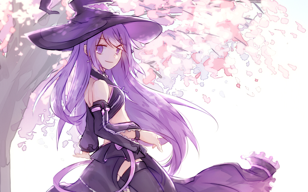 acc_(pixiv3333927) aisha_(elsword) bangs black_legwear black_skirt bracelet breasts couple detached_sleeves earrings elsword eyes floating_hair from_side hat jewelry long_hair looking_at_viewer midriff oz_sorcerer_(elsword) purple_eyes purple_hair purple_hat skirt small_breasts smile solo tree very_long_hair witch_hat