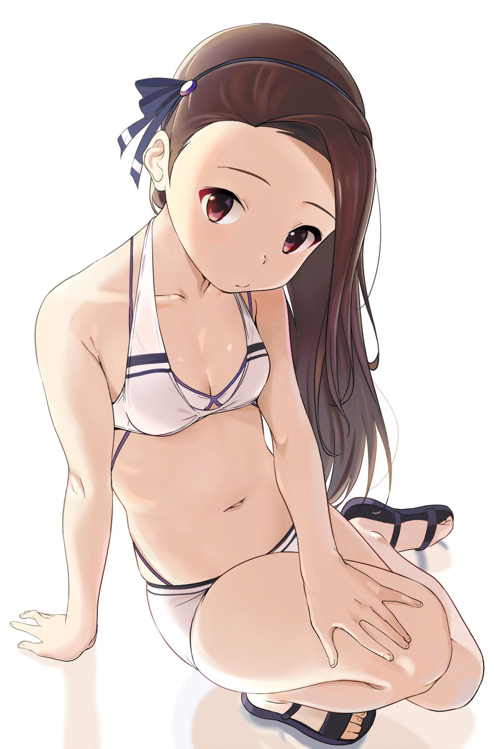 arm_support bad_id bad_pixiv_id bikini blue_hairband breasts brown_hair closed_mouth collarbone full_body hairband hand_on_own_knee highres idolmaster idolmaster_(classic) long_hair looking_at_viewer minase_iori navel nazo_no_niku red_eyes reflection sandals simple_background sitting small_breasts solo swimsuit white_background white_bikini