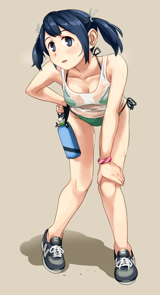 arm_support bent_over bikini black_footwear blue_eyes blue_hair bottle bracelet breasts brown_background cleavage full_body green_bikini jewelry kantai_collection leaning_forward makio_(makiomeigenbot) no_socks see-through shadow shirt shoes side-tie_bikini simple_background sneakers solo souryuu_(kantai_collection) standing swimsuit twintails water_bottle wet wet_clothes wet_shirt wet_t-shirt