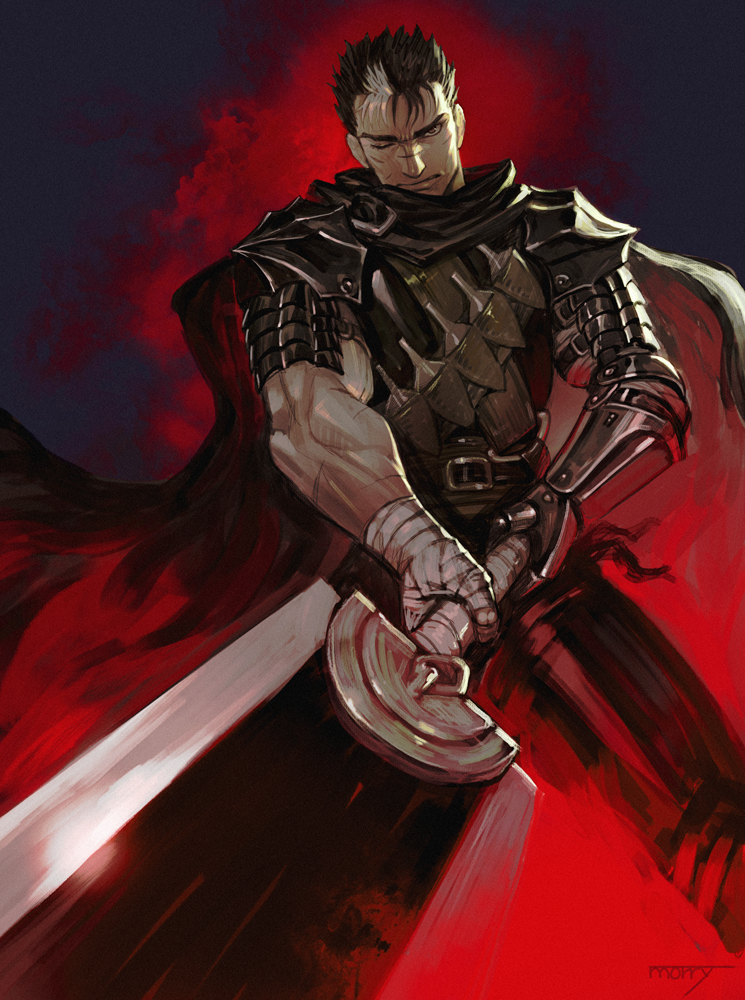 bandages berserk black_hair gauntlets guts holding holding_sword holding_weapon looking_at_viewer male_focus na_in-sung one_eye_closed scar shoulder_armor solo spaulders sword weapon