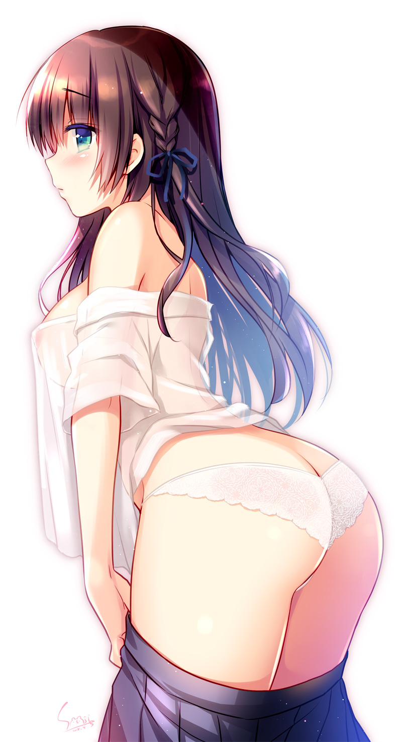 ass bare_shoulders blue_eyes blue_ribbon braid breasts brown_hair commentary_request eyebrows_visible_through_hair hair_ribbon highres lace lace_panties large_breasts leaning_forward long_hair off_shoulder original panties pleated_skirt profile ribbon sasai_saji see-through signature simple_background skirt skirt_pull solo underwear white_background white_panties
