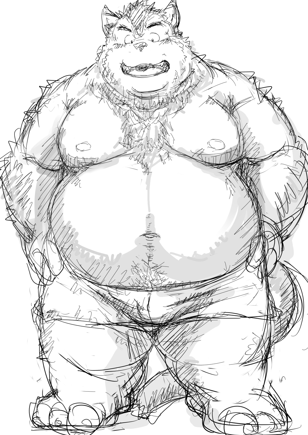 2013 akimbo barazoku black_and_white blush boxers_(clothing) bulge canine clothing facing_viewer front_view full_portrait kemono kotobuki male mammal monochrome muscular obese overweight simple_background sketch solo standing underwear white_background