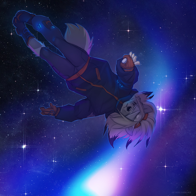 2018 5_fingers ambiguous_gender anthro canine clothed clothing cosmic_background detailed_background digital_media_(artwork) hair koul mammal solo