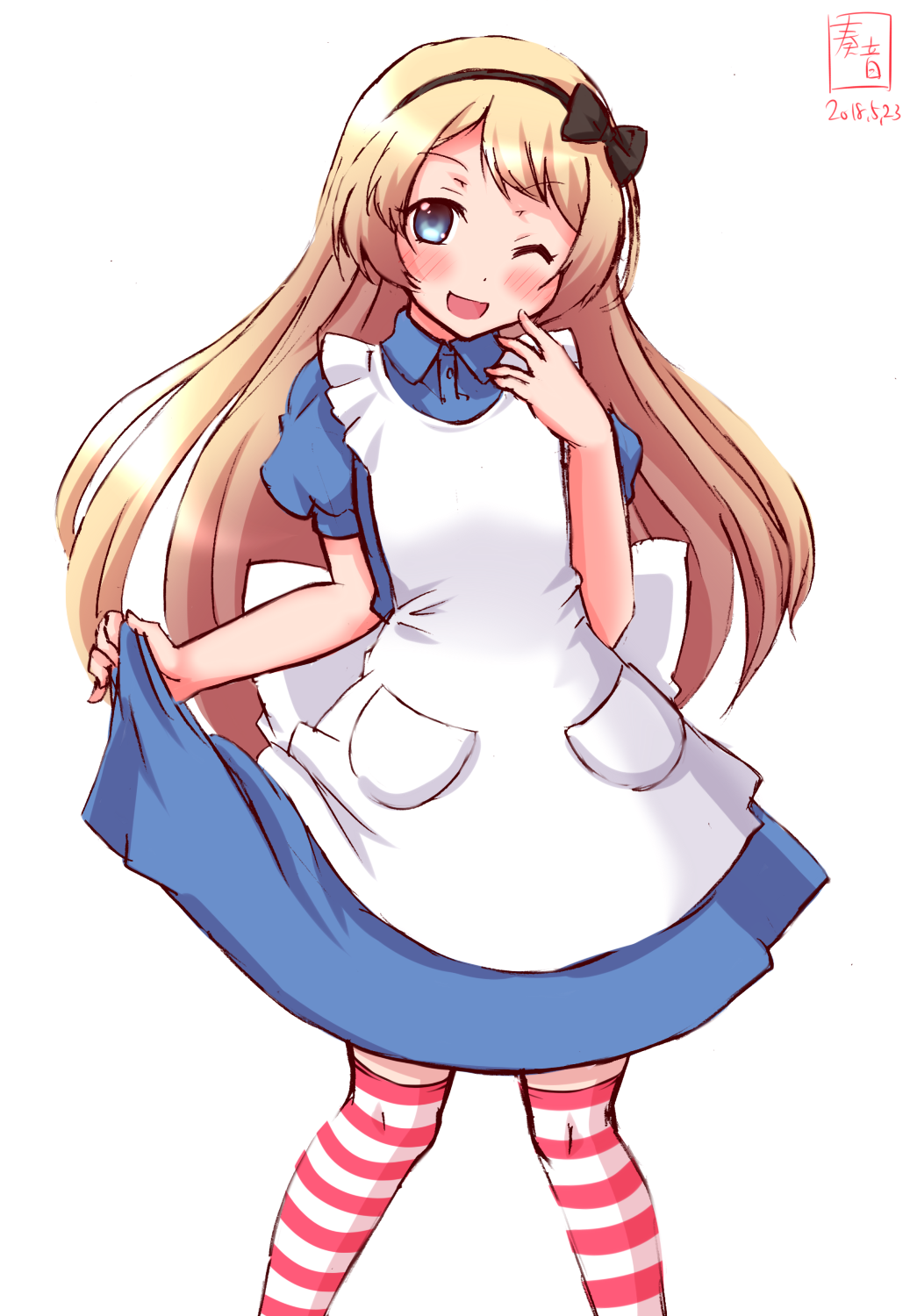 ;d alice_(wonderland) alice_(wonderland)_(cosplay) alice_in_wonderland apron artist_logo black_hairband blonde_hair blue_dress blue_eyes blush commentary_request cosplay dated dress feet_out_of_frame hairband highres jervis_(kantai_collection) kanon_(kurogane_knights) kantai_collection long_hair one_eye_closed open_mouth simple_background skirt_hold smile solo standing striped striped_legwear thighhighs white_apron white_background