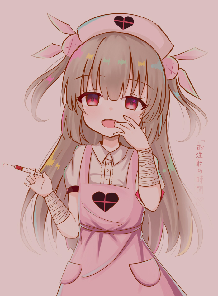 &gt;_&lt; :d apron bandaged_arm bandages bangs blush bunny_hair_ornament collared_shirt dress_shirt eyebrows_visible_through_hair fang hair_between_eyes hair_ornament hand_to_own_mouth hat head_tilt heart holding holding_syringe light_brown_hair long_hair looking_at_viewer natori_sana nurse nurse_cap open_mouth pink_apron pink_background pink_hat puffy_short_sleeves puffy_sleeves red_eyes sana_channel satori_(ymoy) shirt short_sleeves simple_background smile solo syringe translation_request two_side_up very_long_hair virtual_youtuber white_shirt