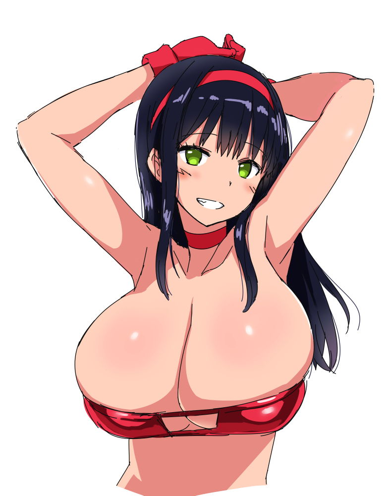 armpits arms_up bangs bare_shoulders bikini black_hair blush breasts cleavage collarbone cropped_torso eyebrows_visible_through_hair gloves green_eyes grin hairband huge_breasts long_hair looking_at_viewer original parted_lips red_bikini red_gloves sidelocks simple_background smile solo swimsuit upper_body white_background zaxwu