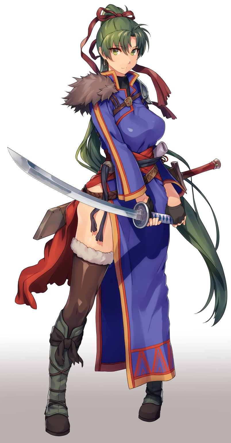 boots commentary_request fire_emblem fire_emblem:_rekka_no_ken fire_emblem_heroes green_eyes green_hair high_heels highres holding holding_sword holding_weapon katana long_hair looking_at_viewer lyndis_(fire_emblem) ponytail shinon_(tokage_shuryou) simple_background solo sword weapon white_background