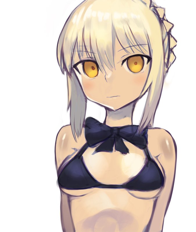 arms_behind_back artoria_pendragon_(all) artoria_pendragon_(swimsuit_rider_alter) bikini black_bikini black_bow black_neckwear blonde_hair blush bow braid breasts fate/grand_order fate_(series) looking_at_viewer short_hair simple_background solo sookmo swimsuit white_background yellow_eyes