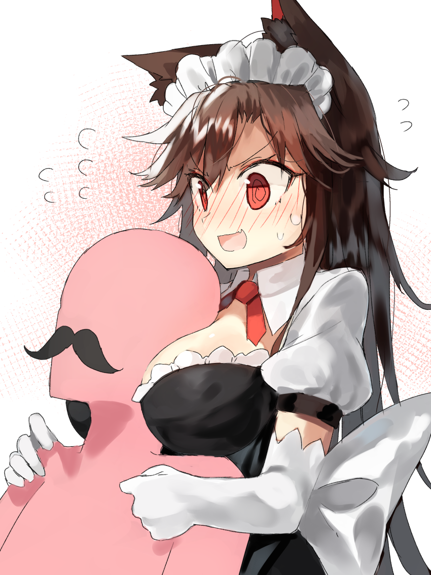1girl :d @_@ alternate_costume animal_ears between_breasts black_dress blush breast_pillow breasts brown_hair commentary_request dress elbow_gloves enmaided eyebrows_visible_through_hair facial_hair flying_sweatdrops frilled_dress frills gloves grabbing head_between_breasts imaizumi_kagerou kasuka_(kusuki) large_breasts long_hair looking_at_another maid maid_headdress mustache nose_blush open_mouth puffy_short_sleeves puffy_sleeves red_eyes red_neckwear short_sleeves smile touhou upper_body v-shaped_eyebrows white_background white_gloves wing_collar wolf_ears