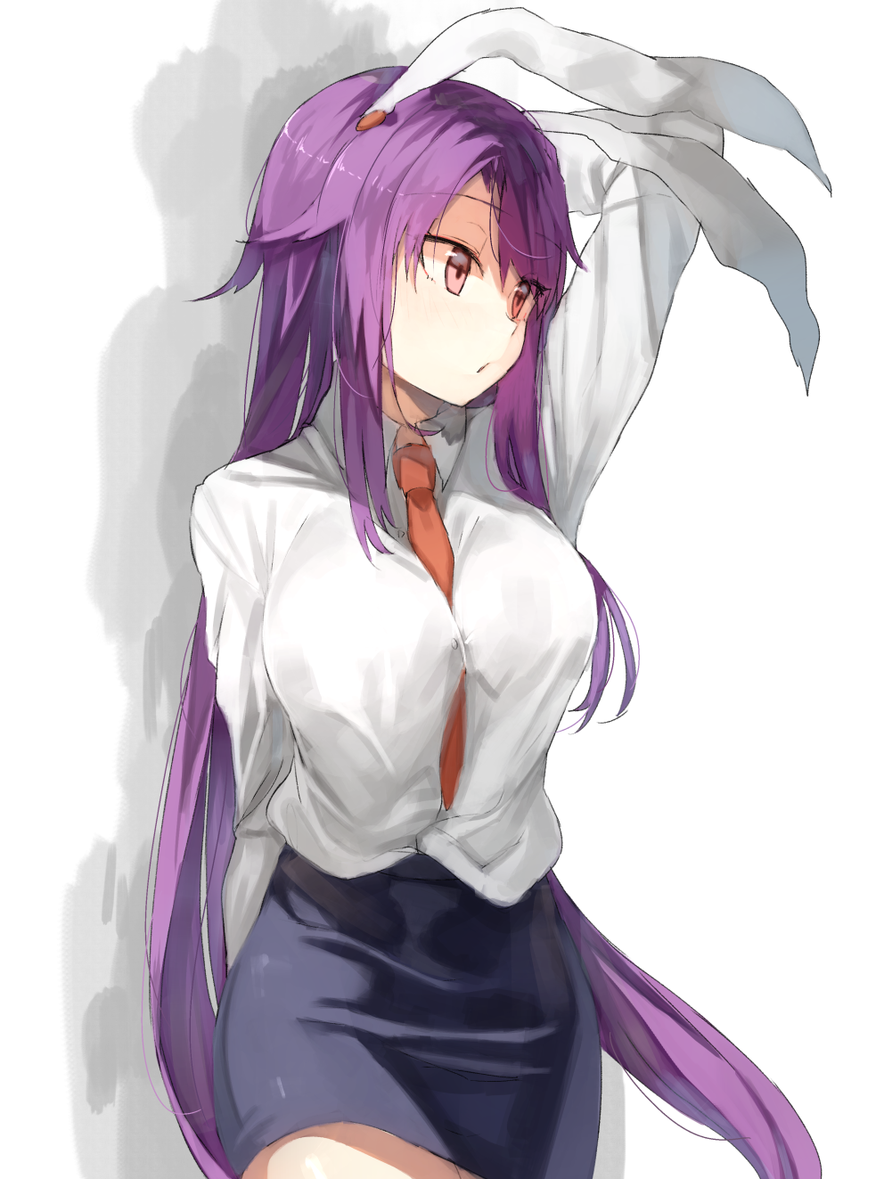 alternate_costume animal_ears arm_up between_breasts blue_skirt breasts bunny_ears commentary_request cowboy_shot eyebrows_visible_through_hair hand_behind_head highres kasuka_(kusuki) large_breasts long_hair long_sleeves necktie necktie_between_breasts pencil_skirt purple_hair red_eyes red_neckwear reisen_udongein_inaba shadow shirt sidelocks simple_background skirt solo standing touhou very_long_hair white_background white_shirt wing_collar