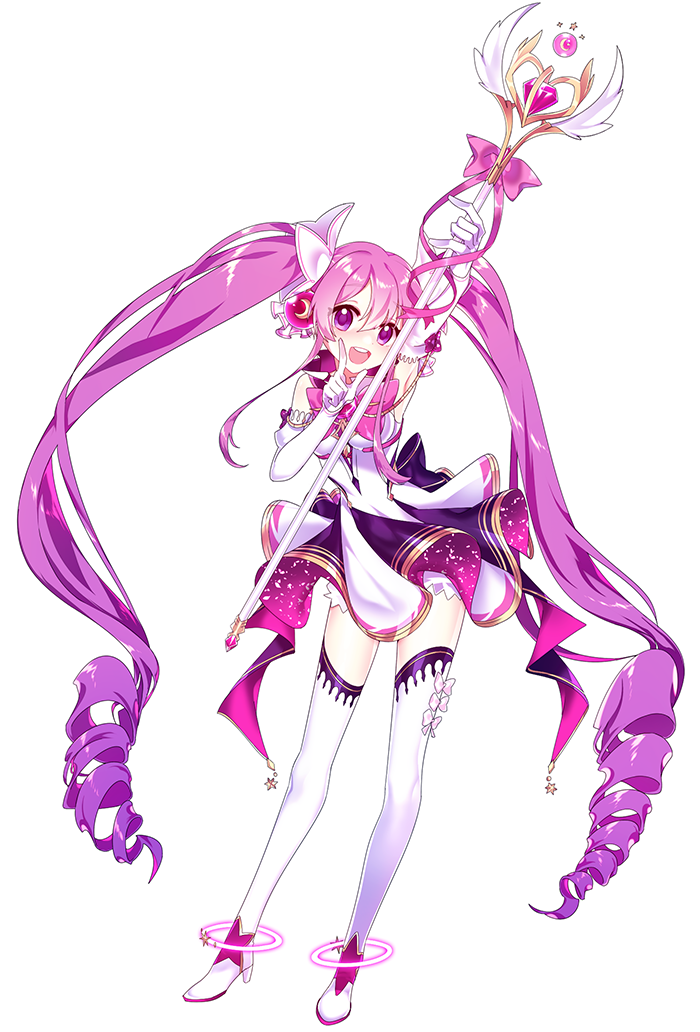 :d aisha_(elsword) angellyuna arm_up armpits bangs boots dress drill_hair elsword floating_hair full_body gloves hair_between_eyes head_tilt high_heel_boots high_heels holding holding_staff index_finger_raised long_hair metamorphy_(elsword) open_mouth pink_eyes pink_hair short_dress simple_background sleeveless sleeveless_dress smile solo staff standing thigh_boots thighhighs twin_drills twintails very_long_hair white_background white_footwear white_gloves