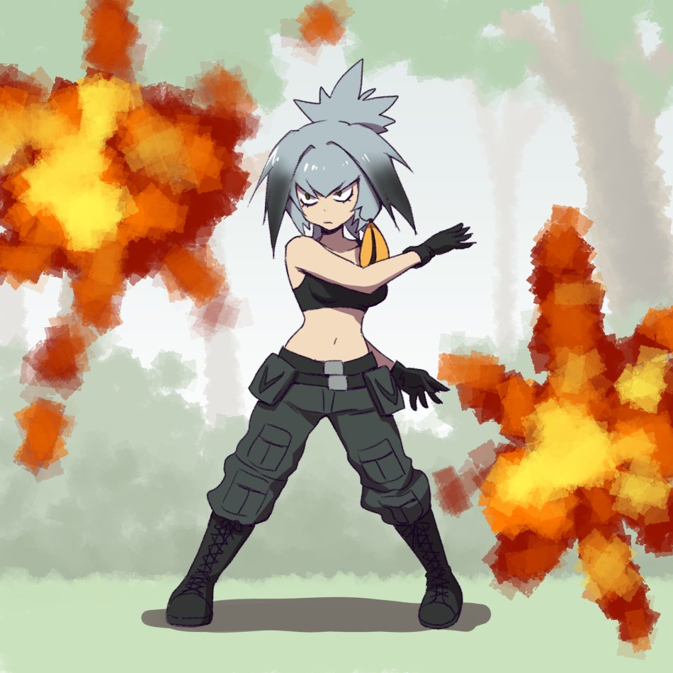 belt black_belt black_footwear black_gloves black_hair black_shirt boots cargo_pants closed_mouth commando commentary cosplay crop_top cross-laced_footwear day explosion frown gloves grey_hair grey_pants head_wings inumoto kemono_friends lace-up_boots leona_heidern leona_heidern_(cosplay) long_hair low_ponytail multicolored_hair navel orange_hair outdoors pants shadow shirt shoebill_(kemono_friends) side_ponytail silver_hair solo the_king_of_fighters tsurime