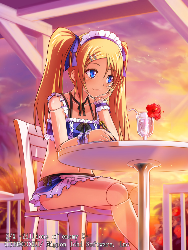 black_neckwear black_ribbon blonde_hair blue_eyes chair chin_rest copyright_name cup doll_joints drink drinking_straw eblmeka flower frilled_swimsuit frills hair_ornament hair_ribbon hairclip headband indoors looking_to_the_side navel official_art pen ribbon solo sunset swimsuit table twintails watermark writing z/x