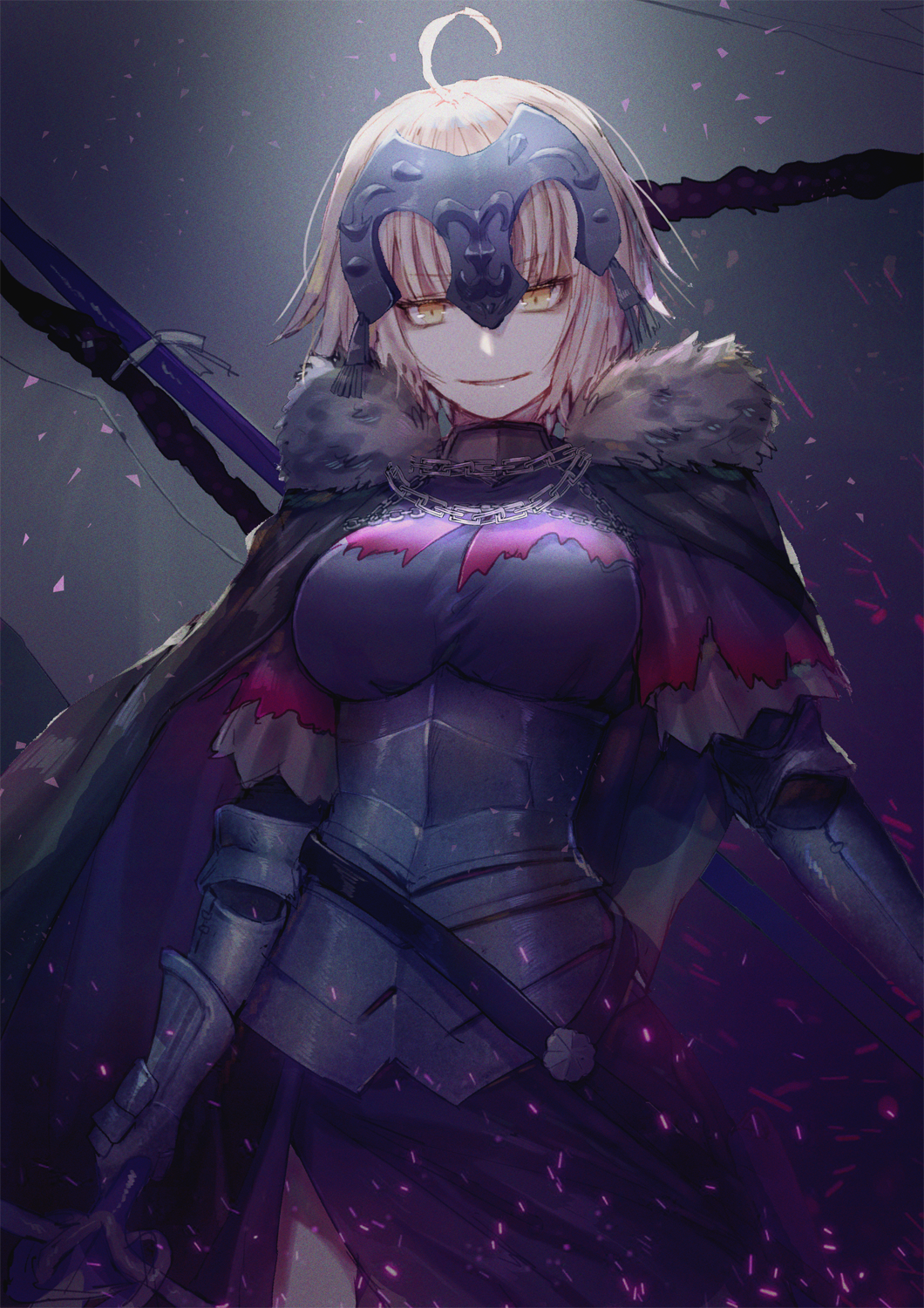 ahoge armor bad_id bad_twitter_id bangs black_legwear blonde_hair blush breasts cape chain cleavage eyebrows_visible_through_hair fate/grand_order fate_(series) framed_breasts fur_trim hanato_(seonoaiko) headpiece highres holding holding_pole holding_sword holding_weapon jeanne_d'arc_(alter)_(fate) jeanne_d'arc_(fate)_(all) large_breasts light_particles looking_at_viewer medium_breasts open_mouth short_hair silver_hair smile solo sword thighhighs weapon yellow_eyes