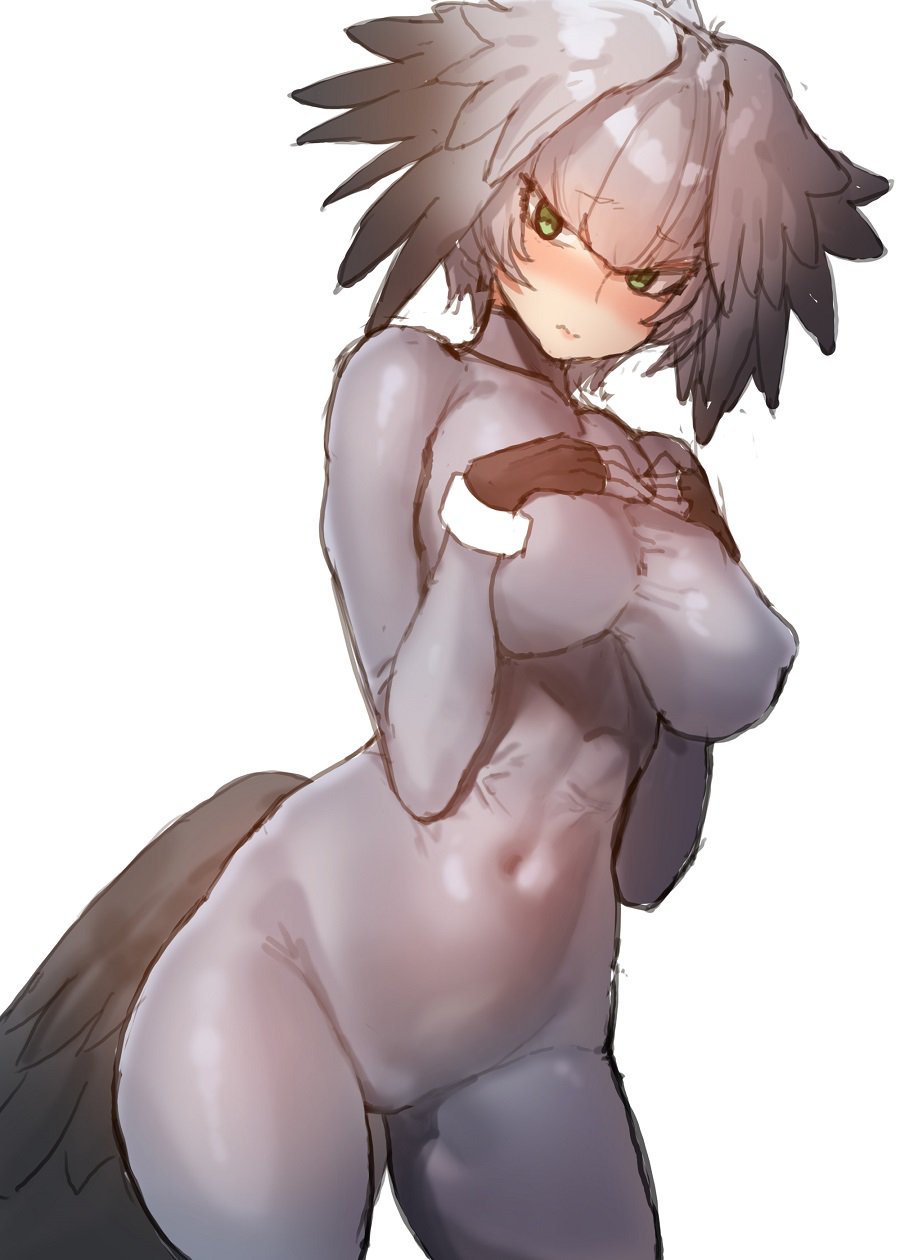 3: bangs black_gloves blunt_bangs blush bodystocking bodysuit breast_suppress breasts commentary covered_navel covered_nipples cowboy_shot eyebrows_visible_through_hair fingerless_gloves gloves green_eyes hands_on_own_chest head_wings highres impossible_bodysuit impossible_clothes kemono_friends mx2j_(nsh6394) shoebill_(kemono_friends) short_hair simple_background sketch solo tail taut_bodysuit taut_clothes