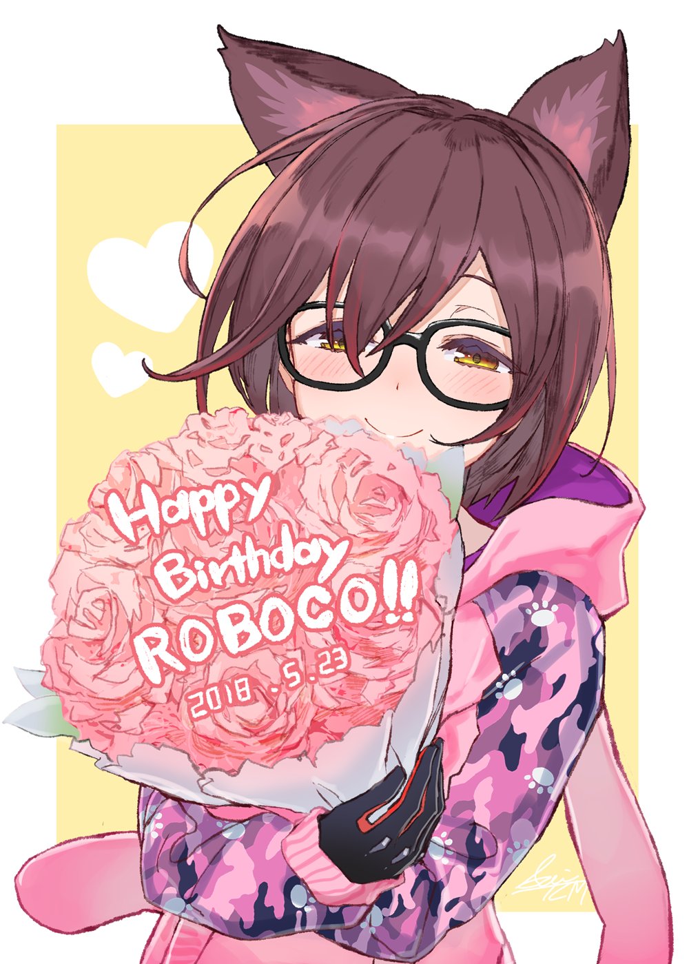 animal_ears bangs birthday blush bouquet brown_hair camouflage_hoodie cat_ears closed_mouth commentary dated flower glasses hair_between_eyes happy_birthday heart highres hood hoodie izumi_sai looking_at_viewer pink_hoodie roboco-san roboco_ch. short_hair smile solo virtual_youtuber yellow_eyes
