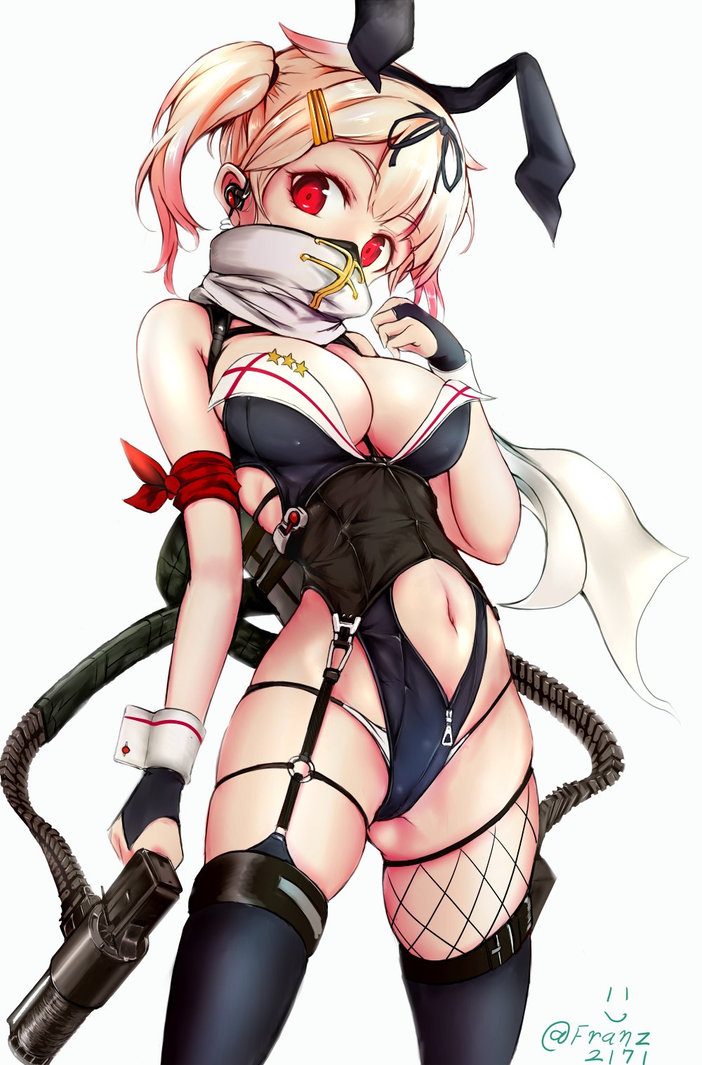 alternate_costume alternate_hairstyle ammunition_belt animal_ears blonde_hair breasts bunny_ears bunnysuit cleavage commentary_request earpiece fishnet_legwear fishnets franz_(217franz) garter_belt gun hair_ornament hairclip handgun highres kantai_collection pistol red_eyes remodel_(kantai_collection) scarf short_twintails skindentation thighhighs twintails weapon wrist_cuffs yuudachi_(kantai_collection)