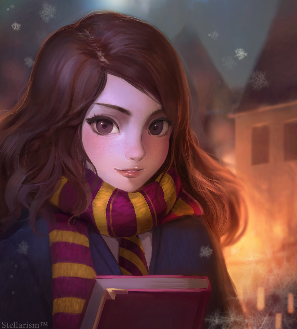 1girl artist_name blush book brown_eyes brown_hair christmas gryffindor harry_potter hermione_granger holding holding_book looking_at_viewer medium_hair necktie outdoors parted_lips scarf smile snowflakes snowing solo stellarism striped striped_neckwear striped_scarf