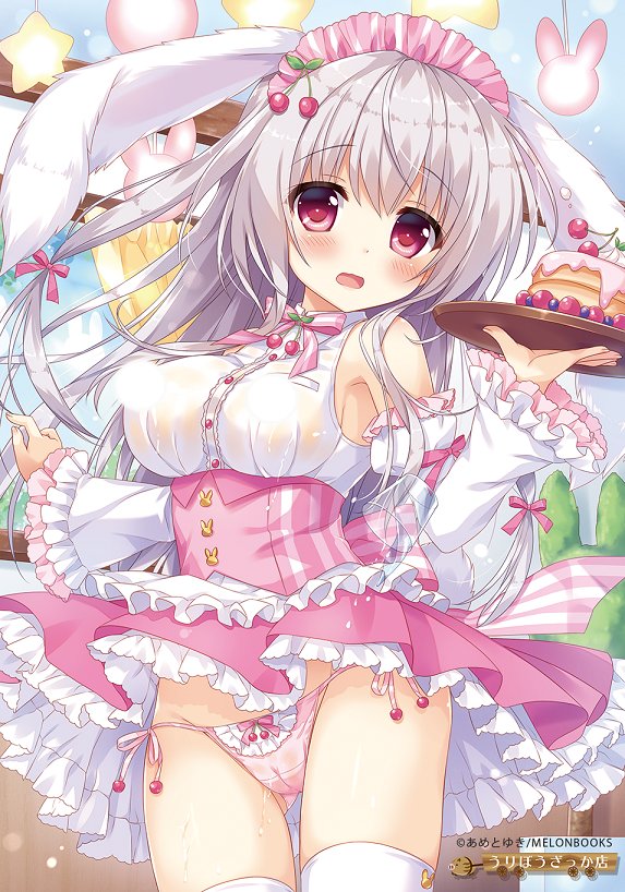 ameto_yuki animal_ears apron bangs bare_shoulders blanc_(ameto_yuki) blue_sky blueberry blush bow bow_panties bunny_ears bunny_girl bunny_tail cameltoe cherry cherry_hair_ornament commentary_request cup day detached_sleeves drinking_glass eyebrows_visible_through_hair food food_themed_hair_ornament frilled_apron frills fruit hair_between_eyes hair_ornament headdress holding holding_tray indoors juliet_sleeves light_censor long_hair long_sleeves looking_at_viewer no_bra open_mouth original pancake panties pink_panties pink_skirt puffy_sleeves pussy_juice red_eyes see-through shirt side-tie_panties silver_hair skirt sky sleeveless sleeveless_shirt solo spilling stack_of_pancakes tail thighhighs tray underbust underwear very_long_hair waist_apron waitress water wavy_mouth wet wet_clothes wet_shirt white_apron white_legwear white_shirt wide_sleeves window