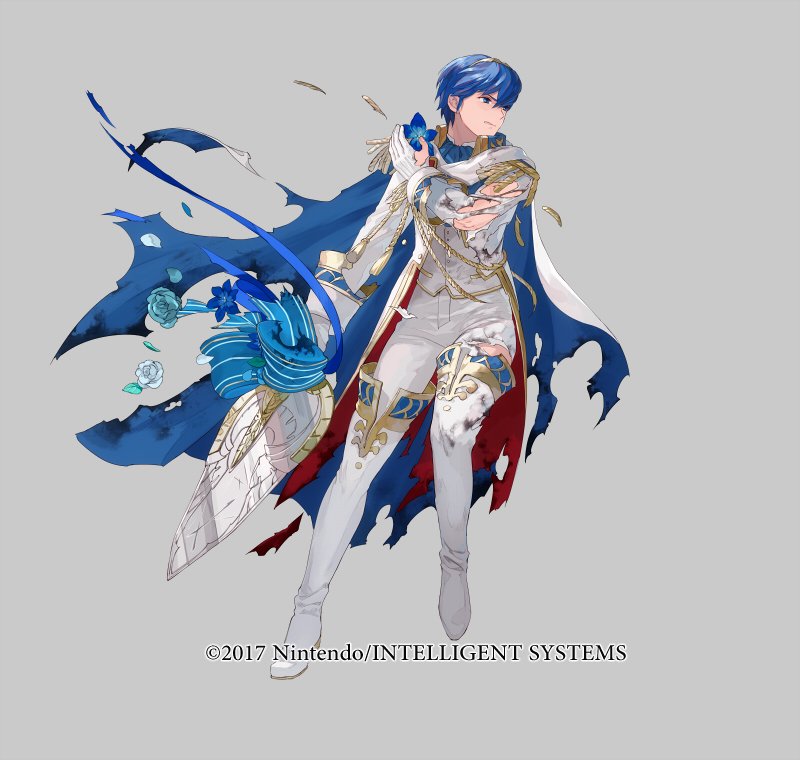 2017 blue_eyes blue_hair cape fire_emblem fire_emblem:_monshou_no_nazo fire_emblem_heroes flower formal gloves groom male_focus marth mayo_(becky2006) official_art short_hair simple_background solo suit tiara torn_clothes weapon
